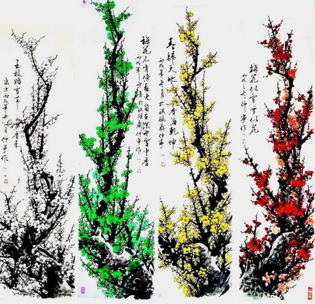 Цветы и иероглифы на картинах Chuan-Hong Li