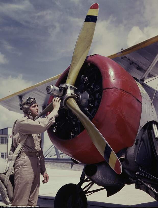 Aviation Cadet Thanas inspects an airplane engine in the photos taken by photohrapher Howard R. Hollemm