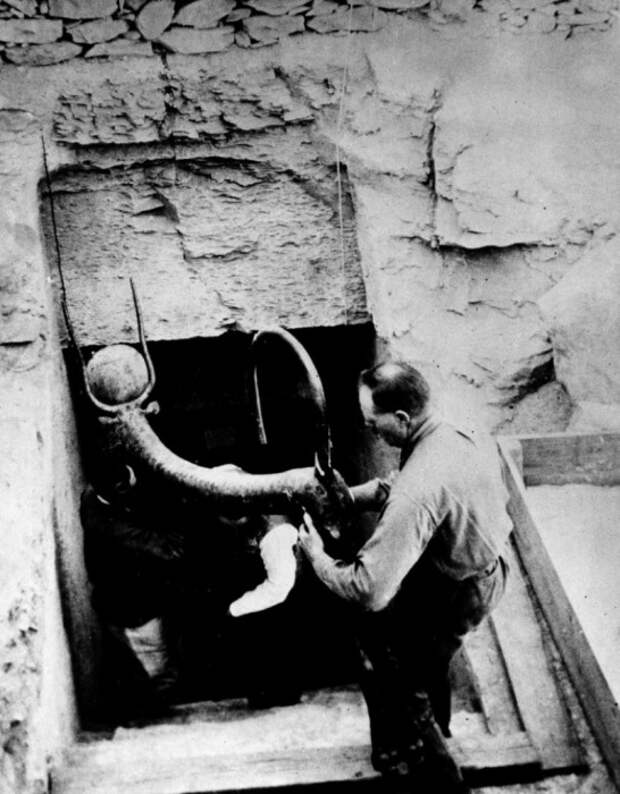 Археологи достающие предметы и сокровища из гробницы фараона Тутанхамона в долине фараонов. Египет, Луксор, 1923 год. 