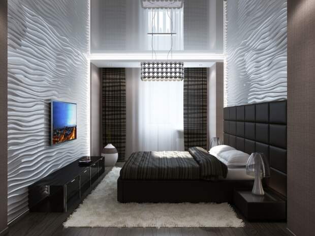 Спальня с волнистыми стенами, которая является очень важной частью квартиры.