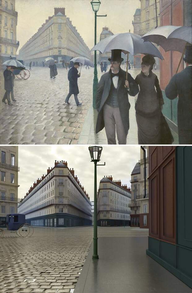 Парижская улица в дождливую погоду. Гюстав Кайботт живопись, живопись в 3D, картины, копиист, показать скрытое, поправить классиков, художник, шедеврвы