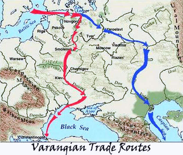 красным обозначен путь "из варяг в греки", а синим "волжско-балтийский" путь