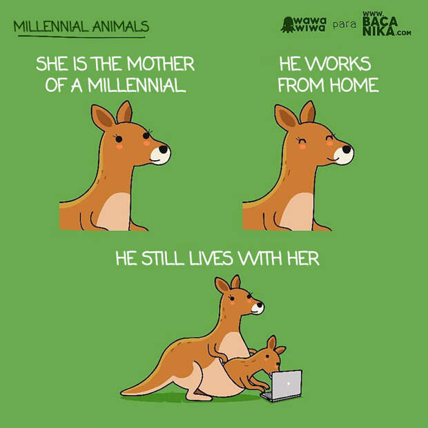 Millennial Animals ... She Is The Mother Of A Millennial. ... He Works From Home. ... He Still Lives With Her.