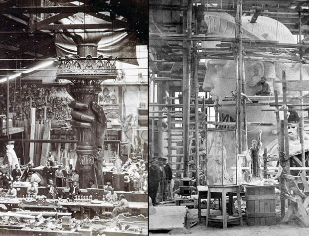 Слева: рука и факел Статуи Свободы создаются в студии в Париже, 1876 год. Справа: идет создание головы Статуи Свободы в парижской студии, 1880 год