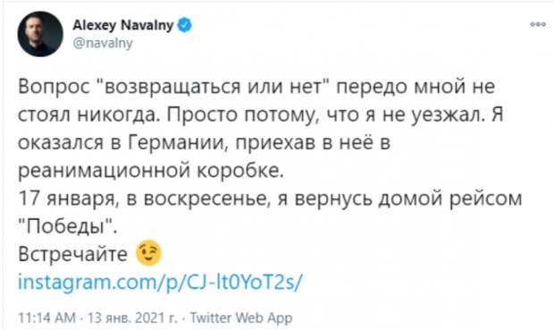 Навальный возвращается в Россию для организации провокаций - эксперты