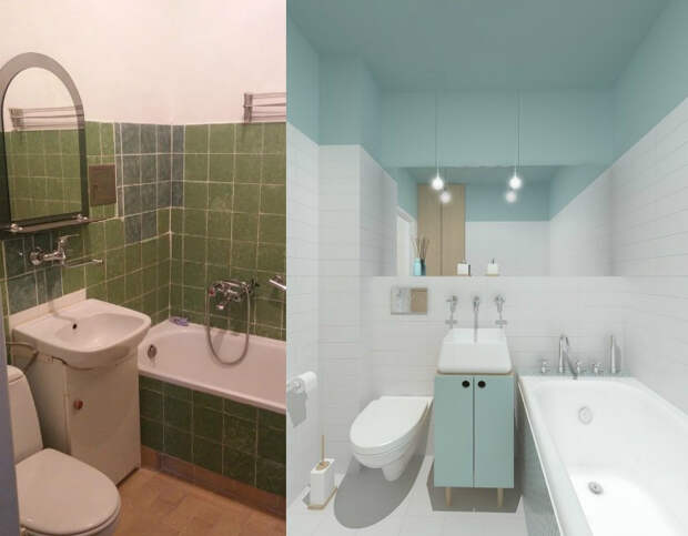 идея ремонта маленькой ванной фото до и после пастельные тона светло-голубой