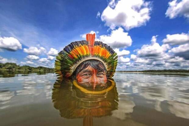 Мужчина из племени Bejà Kayapó, купающийся в реке Шингу, штат Мату-Гросу бразилия, в мире, животный мир, люди, племена, природа, туризм
