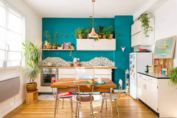 скандинавский стиль в интерьере кухни в бирюзовом цвете