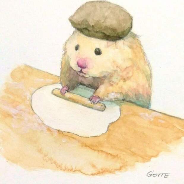Акварельные рисунки хомяка, ведущего обычную человеческую жизнь
