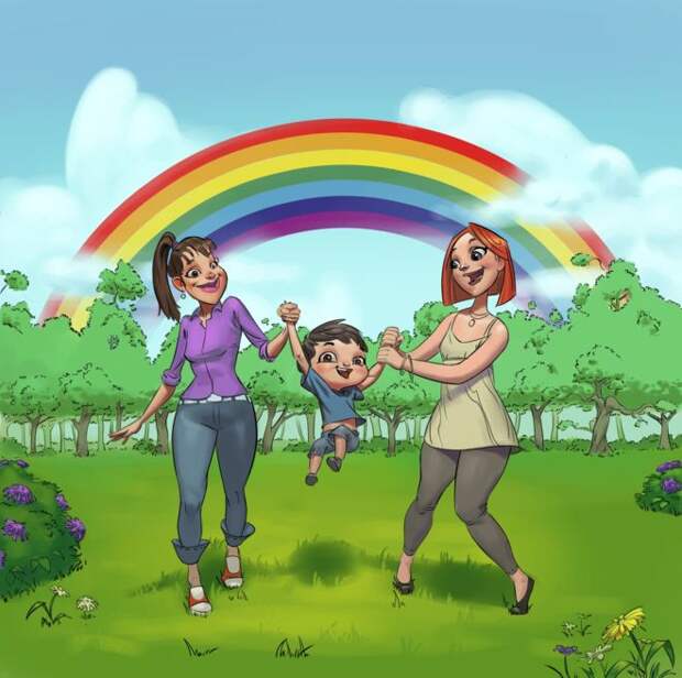 Картинка с двумя женщинами и ребенком из книги "Радужные семьи"