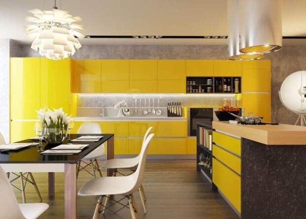 солнечный оттенок цвета в дизайне фасада кухни 