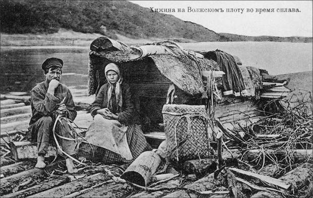 Хижина на плоту во время сплава леса. Волга, 1900-е история, люди, мир, фото