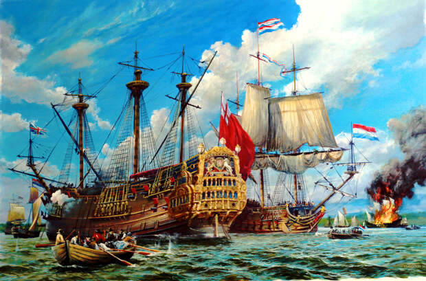Захват корабля англичан HMS "Royal Charles". Художник: Kevin Clarkson