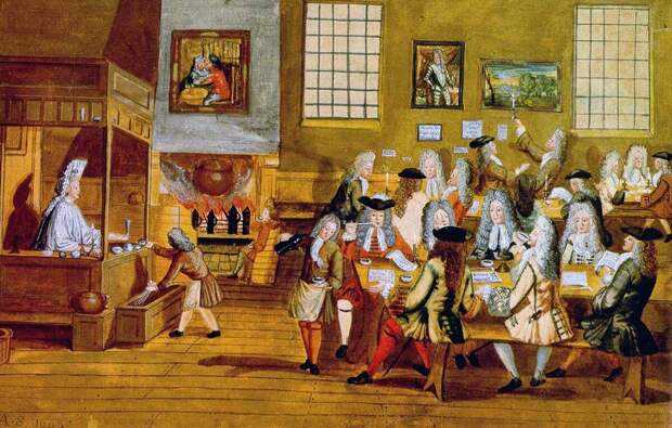 Лондонская кофейня XVII века, раскрашенная гравюра.
