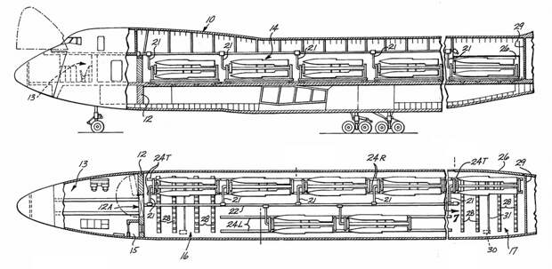Внутреннее устройство самолёта Боинг-747 CMCA. Изображение из патента, 1980 год - На замену «стратосферной крепости» | Warspot.ru