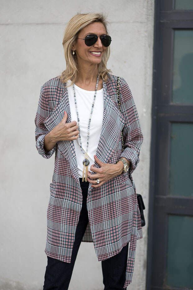 black and pink plaid duster with belt