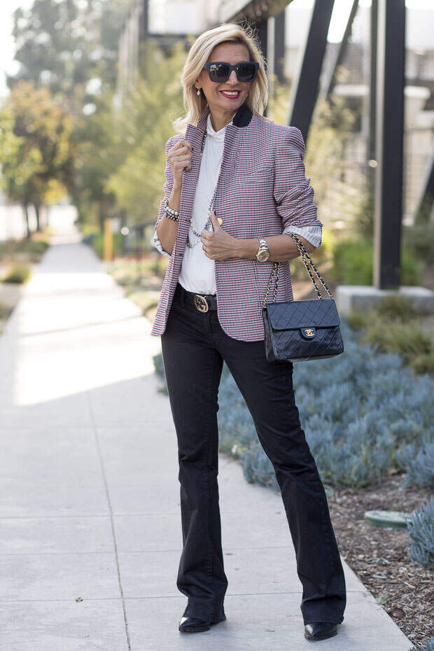 red ivory and black houndstooth blazer for women worn with ivory mock neck top