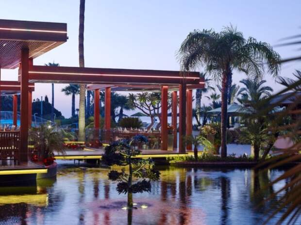 Вокруг красивейшего в Лимассоле бассейна Four Seasons расположены кафе и бары отеля, лежаки и гамаки, клумбы и пальмы.