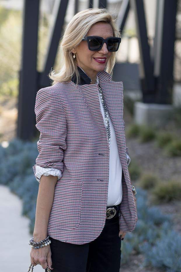 red ivory and black houndstooth blazer for women worn with ivory mock neck top