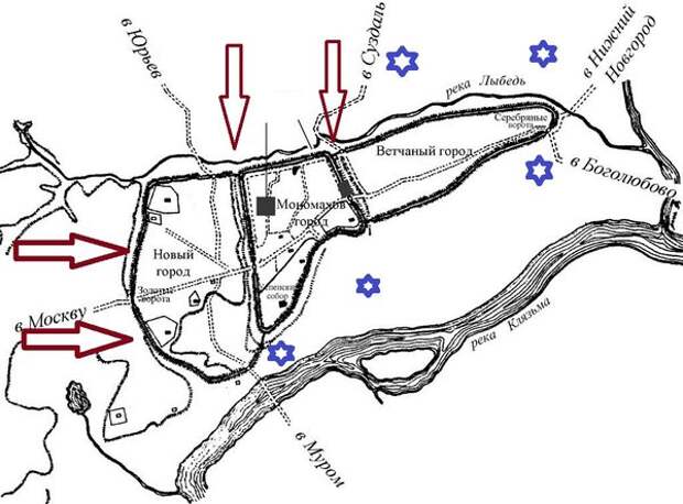 7 февраля 1238 года. красный- направления атаки. синий- конные заслоны монголов