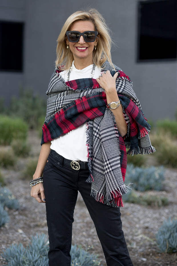Ivory Mock Neck Top for women worn with reversible houndstooth and plaid shawl 