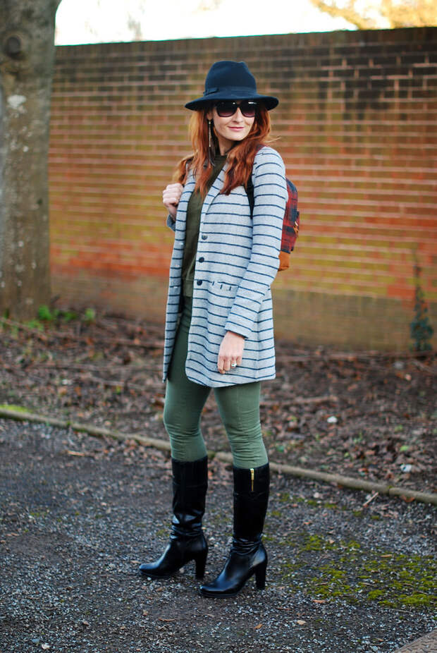 Striped longline blazer with black boots, plaid rucksack and fedora