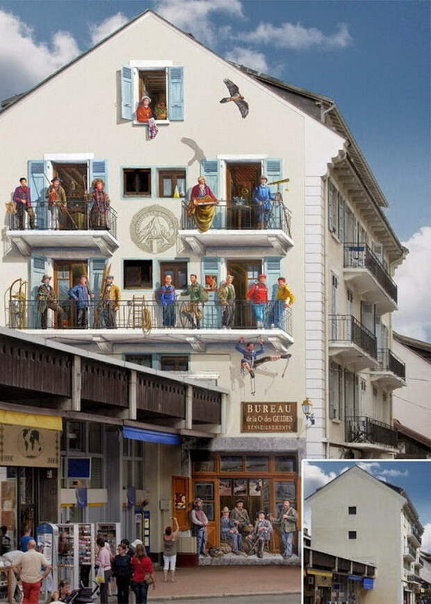 20 первых французских альпинистов. Фасад дома с видом на Монблан