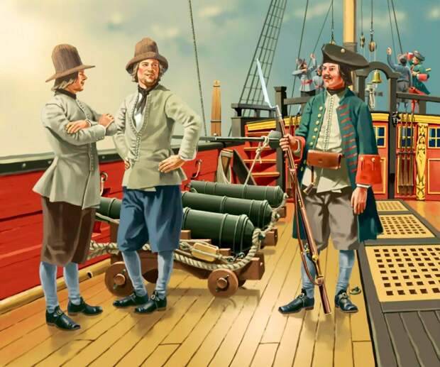 Моряки и солдат на корабле петровских времен. Иллюстратор: Сергей Калиничев
