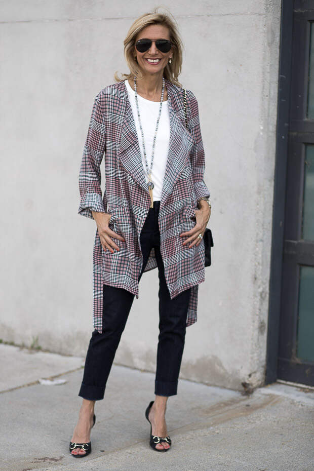 black and pink plaid duster with belt