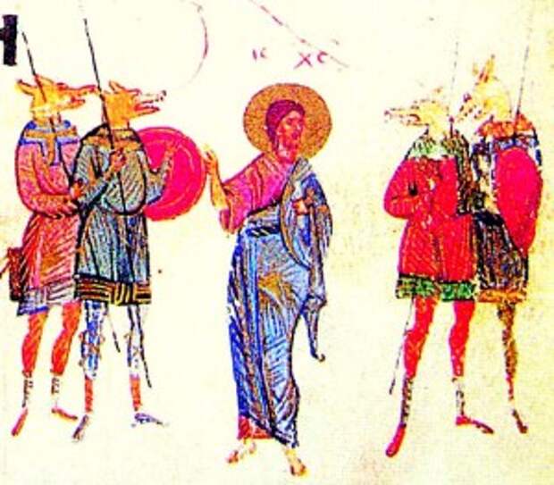 Иисус Христос среди кинокефалов. Иллюстрация к двадцать первому псалму Киевской Псалтири, XIV век