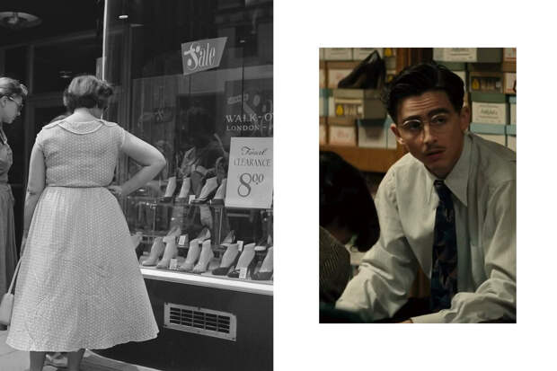 Слева: девушки разглядывают витрину магазина обуви на Пятой авеню, Нью-Йорк, 1952 год / кадр из фильма «Марти Великолепный», сцена в обувном магазине, где работал Марти Маузер