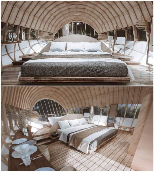 Общее жилое пространство номеров-коконов Cabins On The Mountain (концепт от Veliz Arquitecto).