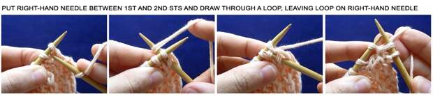 put right-hand needle between 1st and 2nd sts and draw through a loop, leaving loop on right-hand needle