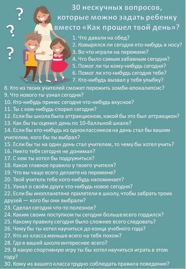 30 нестандартных вопросов ребенку о том, как прошел его день 30 нескучных вопросов ребенку вместо привычного "Как дела в школе"