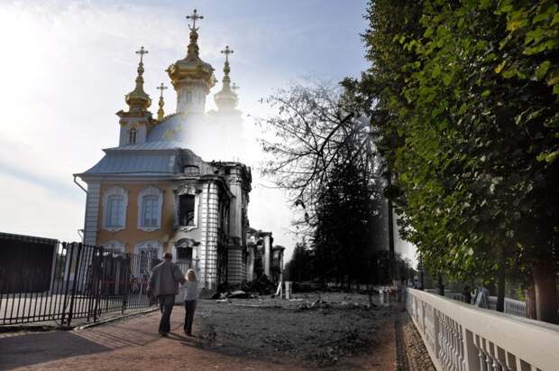 Петергоф 1943-2011 У церкви Большого дворца блокада, ленинград, победа