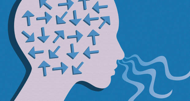 An artists interpretation of a person smelling and directions (arrows) in their brain