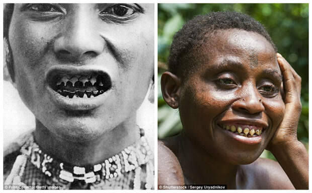 Слева - представитель племени Багобо (Филиппины) показывает заостренные зубы (снимок 1910 года). Справа - женщина племени пигмеев Бака (Центральноафриканская Республика, снимок 2008 года) модификации, модификация тела, народы мира, традиции мира