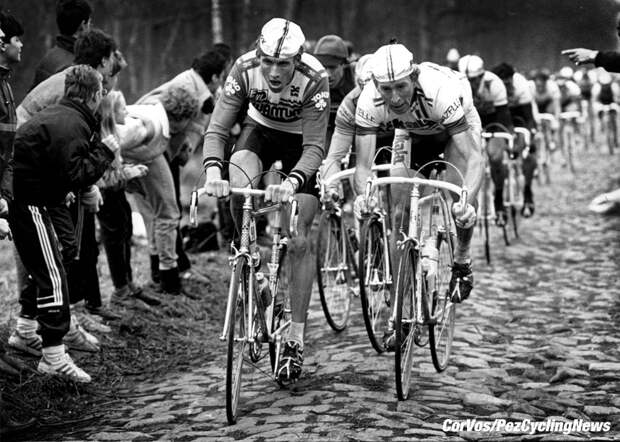 Hoogvliet - archive - archief - stock  - wielrennen - cycling - radsport - cyclisme - Adrie van der Poel en Ferdi Vandenhaute - Parijs - Roubaix - Bois de Wallers - foto Cor Vos ©1984