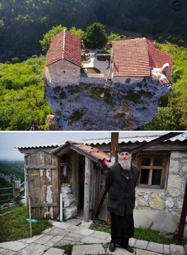 Восстановленная церковь и один из монахов-отшельников, обитающих на вершине столпа (Церковь Преподобного Максима Исповедника, Грузия).