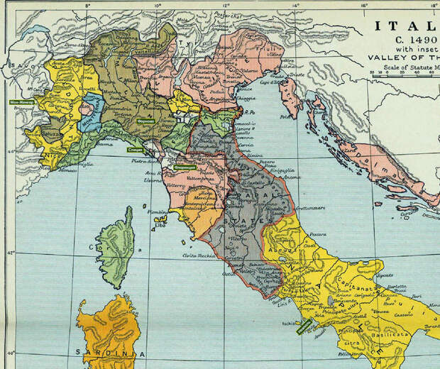 Политическая карта Италии на 1490‑е годы с местами ключевых событий в кампаниях 1494–1495 годов - Французское доминирование | Военно-исторический портал Warspot.ru