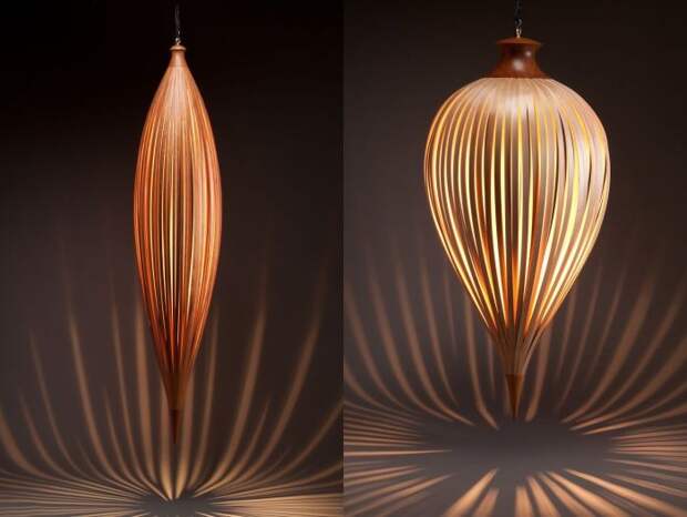 Необыкновенный деревянный светильник с механизмом регуляции частоты света. 