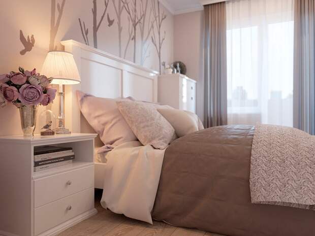 К основному светлому тону спальни можно добавить некоторые цветовые дополнения 