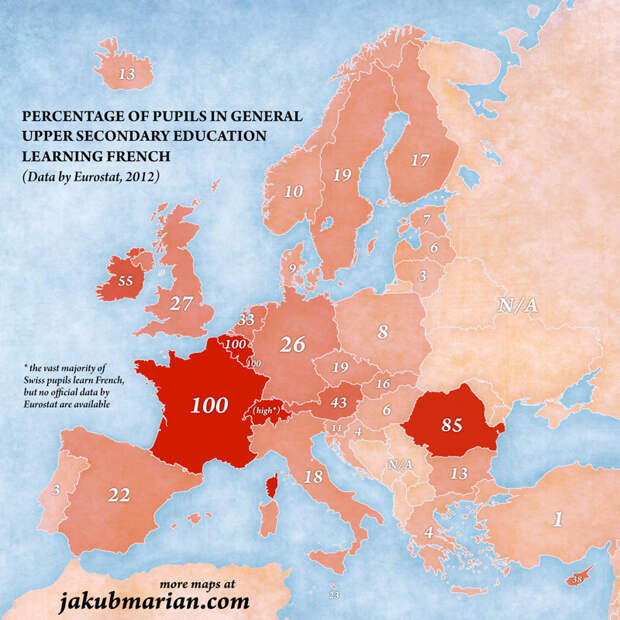 Процент учащихся в старших классах, который изучает французский язык Jakub Marian, карта, картография, карты