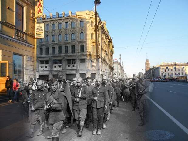 Ленинград 1942-2009 Невский проспект. Пленные гитлеровцы на улицах осажденного города в первое блокадное лето блокада, ленинград, победа