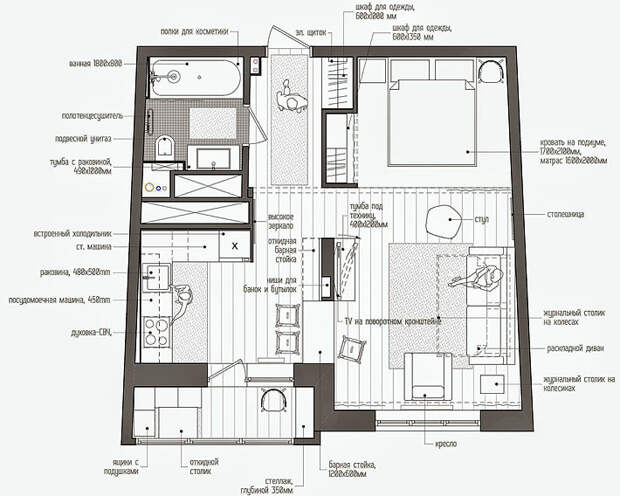 план однокомнатной квартиры-студии с нишей