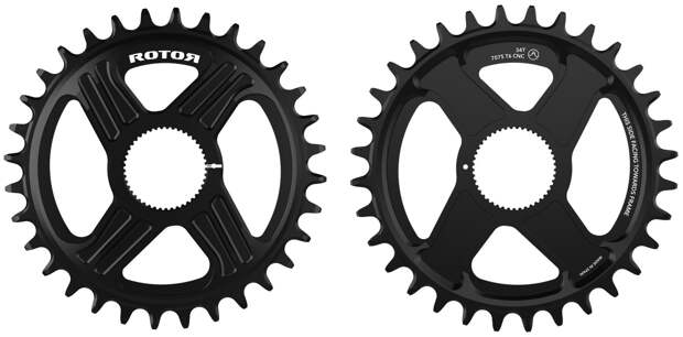Rotor round mountain bike chainrings with universal tooth profile to work with sram and shimano 12-speed chains