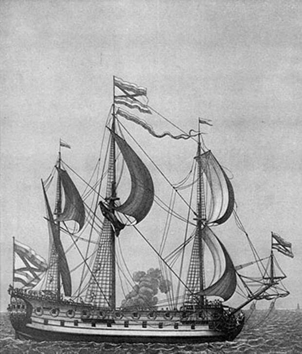 Фрагмент гравюры, на которой изображен линейный корабль «Гото Предестинация»