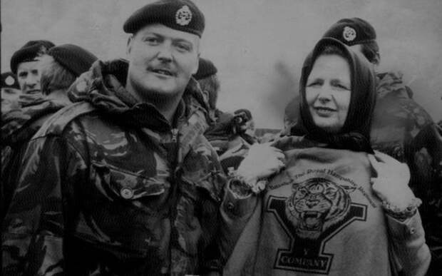 9 Margaret Thatcher displaying a t-shirt with the tiger emblem of the Royal Hampshire Regiment presented to her at Goose Green Falkland Islands.jpg