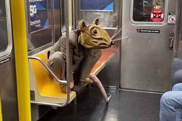 Актер Джонатан Лайонс развлекает пассажиров нью-йоркского метро в своем образе «Крысы Бадди» с длинным розовым хвостом.