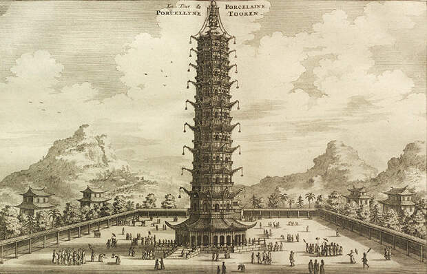 Фарфоровая пагода, Китай Буддийский храм в Нанкине был возведен во времена китайской династии Мин. Восьмигранная 78-метровая пагода была сложена из белого «фарфорового» кирпича. Наряду с Тяньцзе и Лингу, во времена династии Мин сооружение считалось одним из трех знаменитых храмов города, а европейские путешественники называли башню одним из главных чудес Китая. В 1801 году три верхних яруса башни были повреждены ударом молнии. Храм восстановили, но в 1856 году строение снесли тайпины, опасавшиеся, что враги могут использовать башню в качестве наблюдательного пункта.